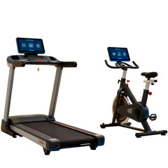 Modern home gym setup featuring a sleek treadmill and a high-tech stationary exercise bike, perfect for a comprehensive cardiovascular workout and fitness training