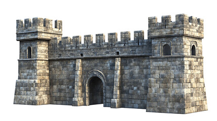 Imposing medieval castle stone fortress wall with an arched central gate and defensive battlements or turrets isolated on transparent background