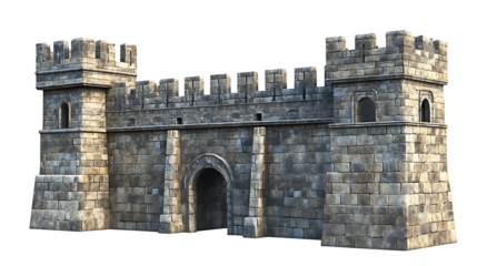 Imposing medieval castle stone fortress wall with an arched central gate and defensive battlements or turrets isolated on transparent background