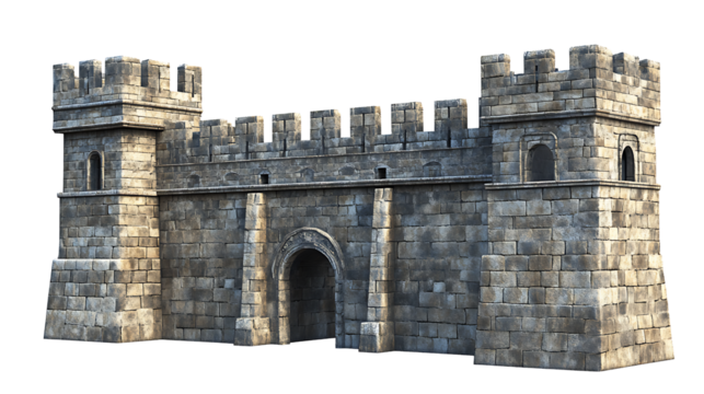 Imposing medieval castle stone fortress wall with an arched central gate and defensive battlements or turrets isolated on transparent background