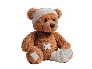 Obraz premium Cute brown teddy bear with medical bandages on head and leg isolated on transparent background, soft plush toy symbolizing healing, recovery, care, hospital, and children’s health concept