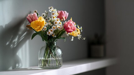 Fototapeta premium Brightly colored flowers in glass vase on shelf, showcasing vibrant blooms with soft lighting in modern interior setting, creating a cheerful atmosphere