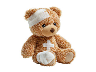 Obraz premium Cute brown teddy bear with medical bandages on head and leg isolated on transparent background, soft plush toy symbolizing healing, recovery, care, hospital, and children’s health concept