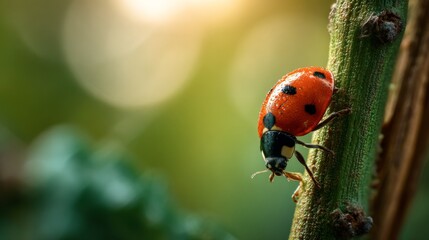 Fototapeta premium Close-up of a Vibrant Red Ladybug Crawling on a Green Stem Captured in Nature with Soft Background Bokeh Effects Illuminating the Scene