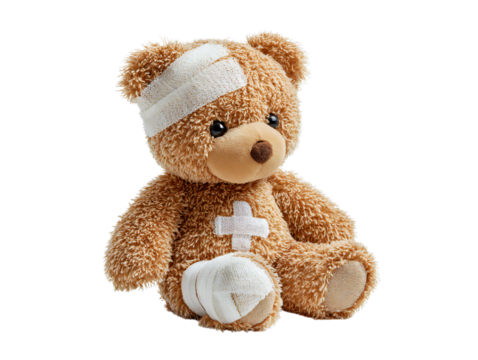 Cute brown teddy bear with medical bandages on head and leg isolated on transparent background, soft plush toy symbolizing healing, recovery, care, hospital, and children’s health concept - Powered by Adobe