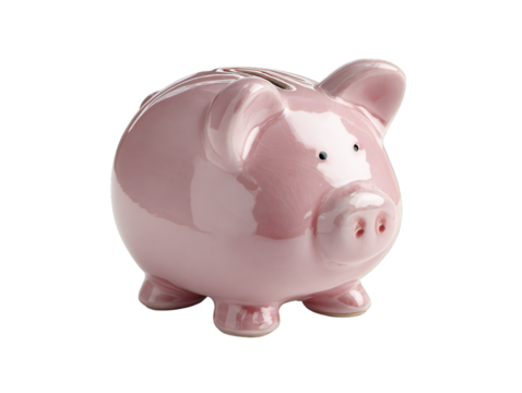 Pink ceramic piggy bank isolated on transparent background, savings and finance concept symbolizing money management, budgeting, investment, and financial growth