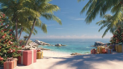 tropical christmas beach scene with presents under palm tree