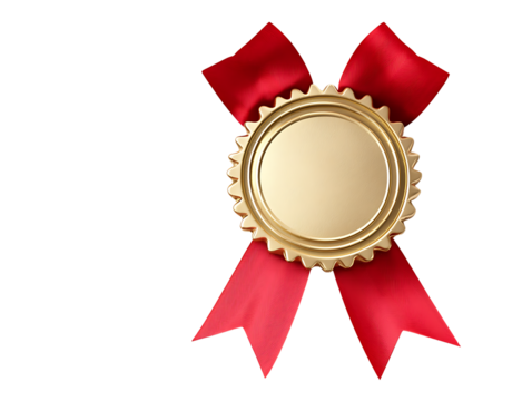 Luxurious golden blank award seal or rosette with a bright red silk ribbon bow symbolizing excellence achievement and quality isolated on transparent background - Powered by Adobe