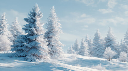 Minimalist winter landscape, snow-covered pine trees under pale blue sky, soft morning light, serene atmosphere, ultra realistic, natural color grading