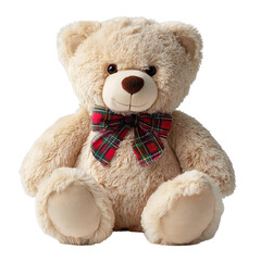 Cute beige teddy bear plush toy with red plaid bow isolated on transparent background, soft stuffed animal for children, adorable cuddly toy for baby nursery, Christmas gift, or home decor concept