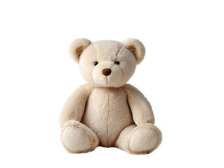 Cute brown teddy bear plush toy isolated on transparent background, soft stuffed animal for children, adorable cuddly toy for baby nursery, gift, or decoration concept