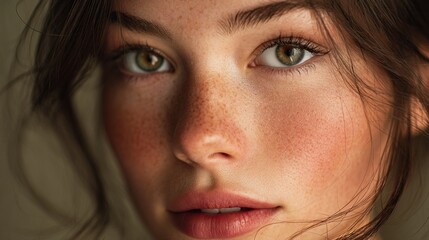 Fototapeta premium Portrait of a Young Woman with Freckles and Expressive Eyes Captured in Soft Natural Light, Highlighting Subtle Beauty and Timeless Elegance