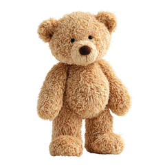 Fototapeta premium Cute standing brown teddy bear plush toy isolated on transparent background, soft stuffed animal for children, adorable cuddly toy for baby nursery, gift, or home decoration concept