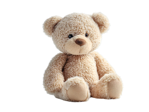 Cute brown teddy bear plush toy isolated on transparent background, soft stuffed animal for children, adorable cuddly toy for baby nursery, gift, or decoration concept