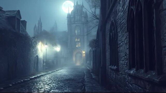 A dark, foggy street is illuminated by vintage street lamps during a moonlit night, enhancing the eerie atmosphere. The cobblestone path leads toward a mysterious building, creatin