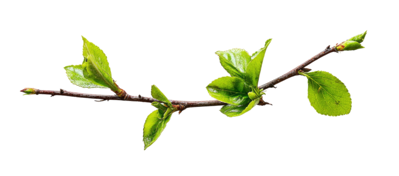 A slender branch with emerging spring leaves.  A close-up view of a twig with a few sets of pale, fresh green leaves unfolding against a pure black background.  