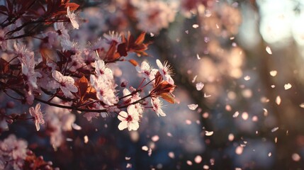 Captivating Cherry Blossom Branch with Delicate Petals Dancing Gently in the Soft Light of Early Spring at Sunset in a Tranquil Garden Scene