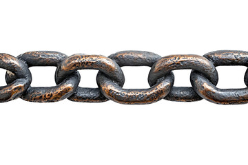 Obraz premium A horizontal section of a heavy duty, textured, and weathered bronze or iron metal chain with linked oval rings in a continuous line isolated on transparent background