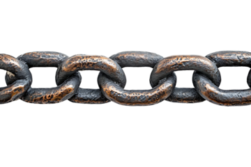 A horizontal section of a heavy duty, textured, and weathered bronze or iron metal chain with linked oval rings in a continuous line isolated on transparent background