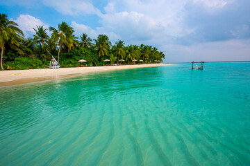 Tranquil closeup calm sea water waves with palm trees. Beautiful Panorama, Tropical island beach landscape exotic shore coast. Summer vacation, holiday amazing nature. Relax paradise, Maldives.