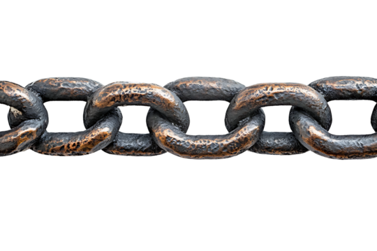 A horizontal section of a heavy duty, textured, and weathered bronze or iron metal chain with linked oval rings in a continuous line isolated on transparent background