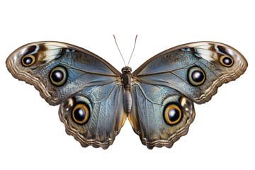 Detailed overhead view of a majestic morpho butterfly showcasing iridescent blue and brown wings with prominent contrasting dark eyespots in a symmetric composition isolated on transparent background
