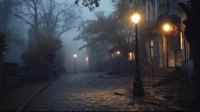 A foggy street is lined with vintage street lamps illuminating the cobblestone path. The cobblestone street and the mysterious fog create a haunting atmosphere in this quiet scene.