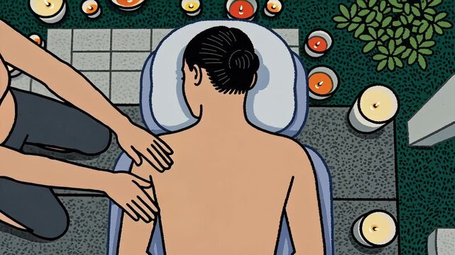 Masseuse giving back massage Spa Salon Therapy Treatment Body Care Skincare Rehabilitation Relief Therapeutic Retro Cartoon