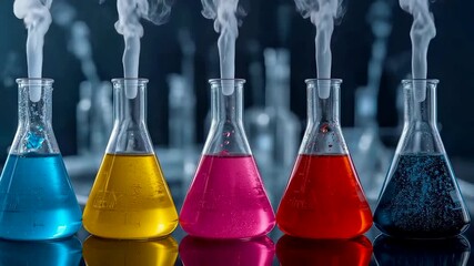 Colorful laboratory flasks filled with steaming chemical liquids in scientific research lab under dramatic lighting showing vibrant experiment setup