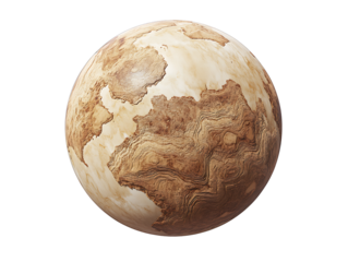 Abstract 3d model of a fictional planet or a stylized earth globe showing dry cracked barren desert landscapes and mountainous topographic contours isolated on transparent background