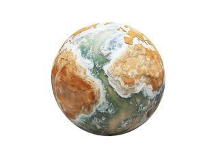 Abstract stylized earth globe 3d model showing continental land masses in dry brown and blue-green ocean waters with a large deep mid-ocean rift isolated on transparent background