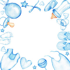 Baby gender reveal party invitation design with blue frame and baby essentials. Template for baby shower, baptism, boy or girl party. Watercolor illustration. Isolated. Hand drawn. Copy space
