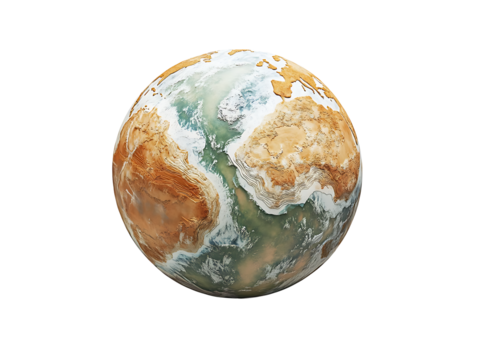 Abstract stylized earth globe 3d model showing continental land masses in dry brown and blue-green ocean waters with a large deep mid-ocean rift isolated on transparent background - Powered by Adobe