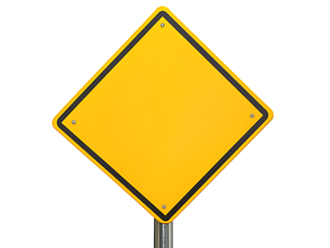Blank bright yellow diamond shape road sign with black border and visible bolts on a pole for warning danger information template mockup copy space isolated on transparent background - Powered by Adobe