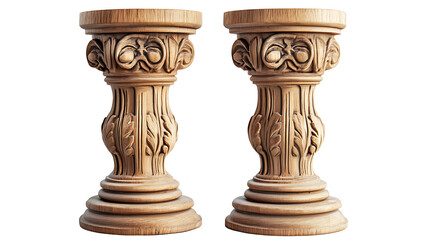 Pair of antique carved wooden decorative pedestals or columns with classical floral scroll motif for displaying art objects or statues studio shot isolated on transparent background