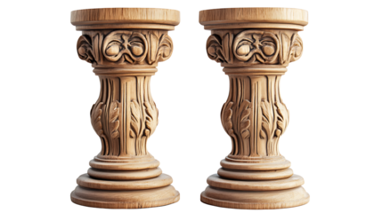 Pair of antique carved wooden decorative pedestals or columns with classical floral scroll motif for displaying art objects or statues studio shot isolated on transparent background