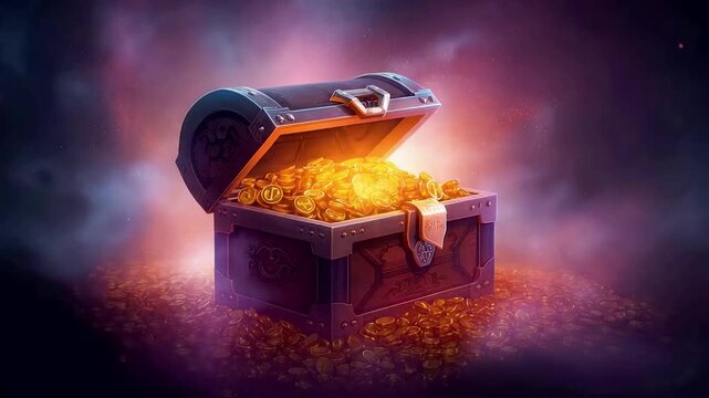 Glowing treasure chest filled with shining gold coins and magical light in dark fantasy environment creating a mysterious adventure atmosphere