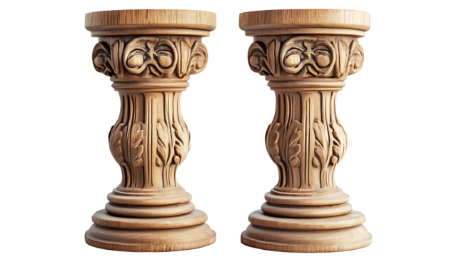 Pair of antique carved wooden decorative pedestals or columns with classical floral scroll motif for displaying art objects or statues studio shot isolated on transparent background