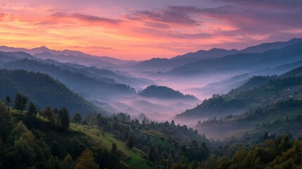 Fototapeta premium Breathtaking Sunrise Over Mountainous Landscape with Fog and Lush Greenery in a Serene Natural Environment
