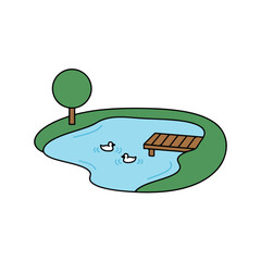  Small pond with tree and wooden bridge in peaceful nature scene illustration