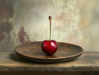 A beautiful cherry is laid in the middle of  wooden plate.