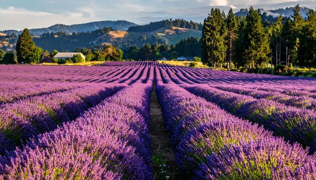 Vast lavender field stretches to hills under a golden sunset.  Rows of vibrant purple lavender extend into the distance, meeting a backdrop of forested hills.  Soft light bathes the scene