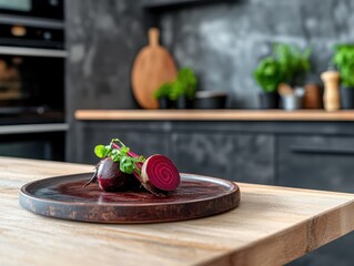A beetroot is laid on the wooden plate in the kitchen.