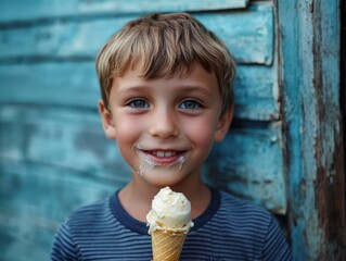 A young boy is eating an ice cream.