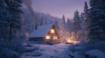 Cozy cabin in snowy forest at twilight, warm glowing windows, smoke from chimney, soft falling snow, cinematic composition, high detail realism