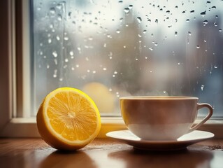 An sliced orange and cup of tea on the side at the window.