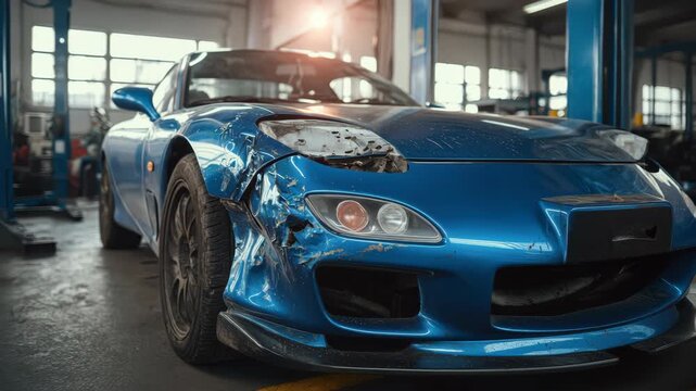 Damaged blue sports car in a garage, showcasing close-up details of the front bumper and wheel, with a gradual zoom in revealing the extent of the damage