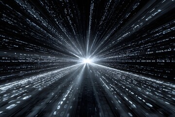 Binary code tunnel towards bright light