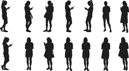 Silhouettes of women using smartphones, modern technology addiction, digital lifestyle, mobile phone posture, social media culture, communication habits, internet generation, 