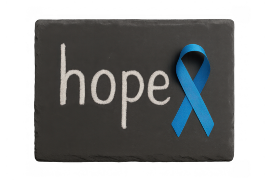Hope written on a dark slate with a blue ribbon, symbolizing prostate cancer awareness and support, on transparent background